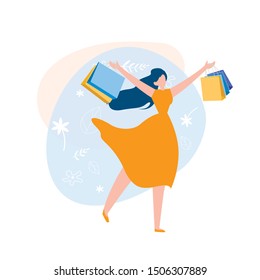 Happy Girl Holding Shopping Bags Flat Cartoon Vector Illustration. Shopaholic after Doing Purchases in Store or Shop. Woman Character Buying, Going to Shopping Malls. Consumerism Concept.