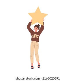 Happy girl holding star over hands. Satisfied customers rating services quality with review stars vector illustration. Clients giving