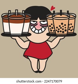 Happy Girl Holding Three Glasses Of Cold Brew Coffee And Bubble Milk Tea On A Tray Concept Card Character illustration