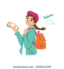 Happy girl holding travel tickets and rucksack, wearing baseball hat, ready to travel by plane