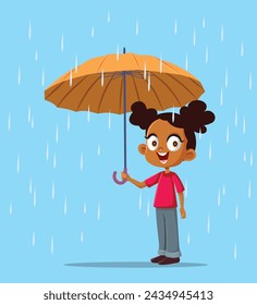 
Happy Girl Holding an Umbrella in the Rain Vector Illustration. Child having fun on a rainy summer day enjoying the weather
