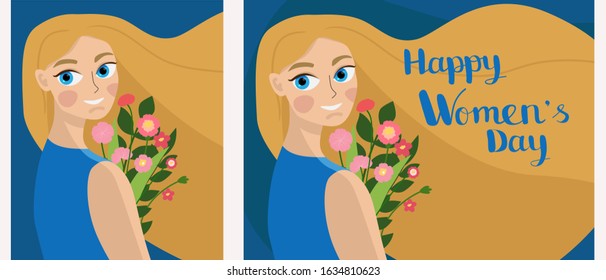 Happy girl holds bouquet of flowers. Happy lovely girl with blue eyes  holds bouquet. Lettering Happy Women's Day. Postcard for March 8, Women's Day.