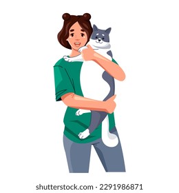 A happy girl holds a cute spotted cat in her arms. Portrait of a pet owner. Vector illustration in cartoon style isolated on white background