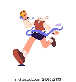 Happy girl holds golden medal, crosses finish line. Winner achieves success. Champion with award celebrates challenge win. Young woman rejoices to victory. Flat isolated vector illustration on white