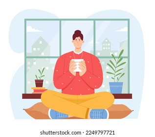 Happy girl with hot coffee sitting by window at home vector illustration. Cartoon woman holding cup to enjoy drink, self care of mental health with positive good thoughts and spiritual meditation