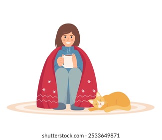 Happy girl with hot drink under warm blanket. Cozy Winter at home. Female Character in Snowy winter season or cold weather. Vector illustration isolated on white background.