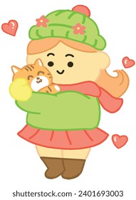 Happy Girl hug and cuddle a little cat  cartoon style.