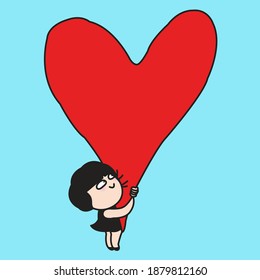 Happy Girl Hugging Big Heart. Valentine Day Concept Card Character illustration