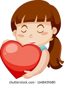 Happy girl hugging big red heart on white background illustration