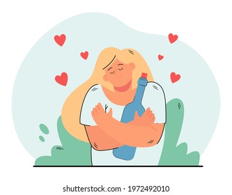 Happy girl hugging bottle of vine. Flat vector illustration. Woman being in good mood and holding glass bottle of alcohol with cork. Drinking, alcohol, lifestyle, addiction concept for banner design