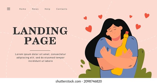 Happy girl hugging bottle of vine. Flat vector illustration. Woman being in good mood and holding glass bottle of alcohol with cork. Drinking, alcohol, lifestyle, addiction concept for banner design