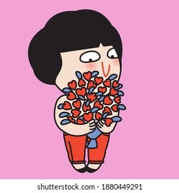 Happy Girl Hugging A Bouquet Of Hearts In Hands. Valentine's Day Concept Card Character illustration