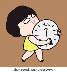 Happy Girl Hugging The Clock With Present Time Concept Card Character illustration