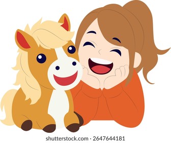 Happy Girl Hugging Cute Pony