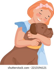Happy girl hugging dog. Friendly pet with child isolated on white background