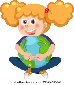 Happy girl hugging earth globe illustration