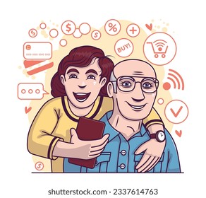 Muchacha feliz abrazando al abuelo y comprando en línea. Un concepto de día de compras ventajoso. Pedidos y selección de diferentes productos a través de gadget. Ilustración vectorial plana en estilo de dibujos animados