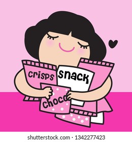 Happy Girl Hugging Her Favourite Snack Treats On Table Concept Card Character illustration