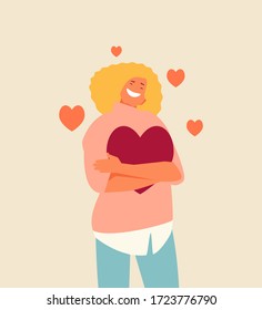 Happy girl hugging herself. Love yourself vector illustration