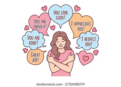 Happy girl hugging herself while surrounded by complimentary speech bubbles. She shares kindness and positive energy with the world to celebrate World Compliment Day and self appreciation.