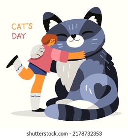 Happy girl hugging huge gray cat. Funny concept of love, care and happiness. Cat day. Full length female character with a pet. Flat hand drawn cartoon vector illustration