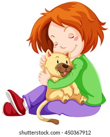 Happy Girl, der Katze umarmt, Illustration