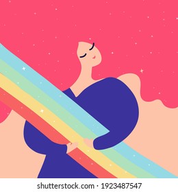 Happy girl hugging rainbow. Love yourself concept. Mental health vector illustration. Smiling woman with stars in pink hair. Rainbow's symbol. Love your body. Magic moments. Meditation, relax feeling 