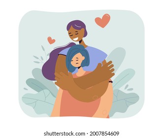 Happy Girl Hugging Sad Girlfriend. Flat Vector Illustration. Unhappy Woman Receiving Love And Support From Her Friend, Holding Her Tight From Back. Caring, Support, Love, Friendship, Trouble Concept