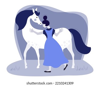 Happy girl hugging a white horse. Woman loves and takes care of a horse. Hippotherapy. Vector monochrome blue illustration.