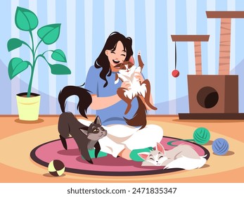 Happy girl hugs cat. Funny owner plays with her pets, smiling woman and domestic animals in room interior, kitties toys, mammal friends cartoon flat style isolated tidy vector concept