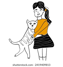 A happy girl hugs her domestic cat.The kitty's owner cuddles her pet with love and caress.Vector doodle illustration isolated on white background.