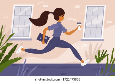 Happy girl hurry up to work after quarantine. Young cute woman with coffee cup and laptop in hands runs down the street. Lady so missed job, colleagues meeting and social contacts. Vector illustration