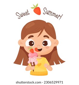 Happy girl with ice cream. Cute baby character licks his lips. Vector illustration in cartoon style. Postcard sweet summer. kids collection