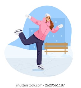 Happy girl ice skating in winter clothes on ice rink, cartoon style, urban snowy background, concept of outdoor fun. Vector illustration