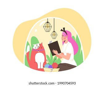 Happy Girl Introvert Sitting Under Transparent Dome With Cat And Reading Book. Introversion Young Woman Spend Leisure Alone At Home In Calm And Silence. Flat Vector Illustration.