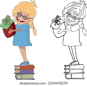 Happy girl with a jar of jam. A design element or a page of a children's coloring book. Black-and-white and color contour illustration on a white background