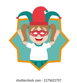 happy girl with jester hat and mask inside star
