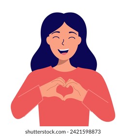 happy girl joined her hands in the shape of a heart. Self-love, psychology concept. Love. Self-love concept, self care and self-acceptance. Psychology concept