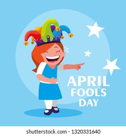 happy girl with joker hat april fools day card