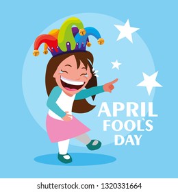 happy girl with joker hat april fools day card