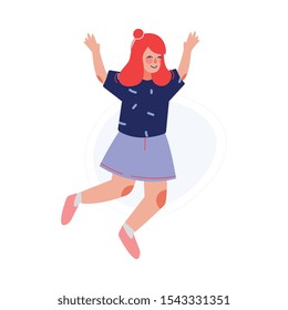 Happy Girl Joyfully Jumping with Rising Hands, Smiling Teenager Having Fun Vector Illustration
