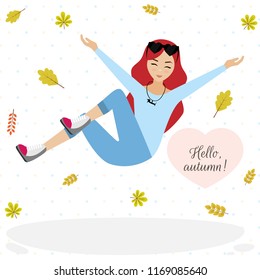 Happy girl in a jump. Female cute character, vector illustration. Autumn illustration with falling leaves. 