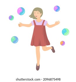 Happy girl jump and play wit soap bubbles. Clip art isolated on white background.