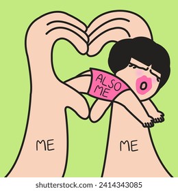 Happy Girl Jumpimg Through Her Enlarged Hands That Making Fingers Forming A Heart Gesture Sign Of Self Love. Motivation And Encouragement Inspirational Concept Card Character illustration
