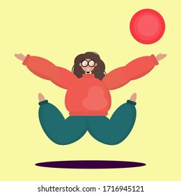 happy girl jumping, cartoon flat vector illustration