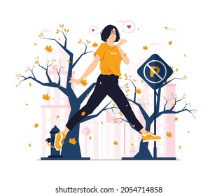 Happy girl jumping and catching a fallen leaf on autumn day concept illustration