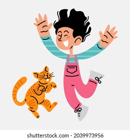 Happy Girl Jumping With Her Cat Vector Illustration