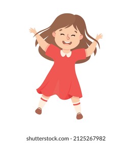 Happy Girl Jumping with Joy and Hands Up Cheering and Having Fun Vector Illustration