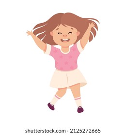 Happy Girl Jumping with Joy and Hands Up Cheering and Having Fun Vector Illustration