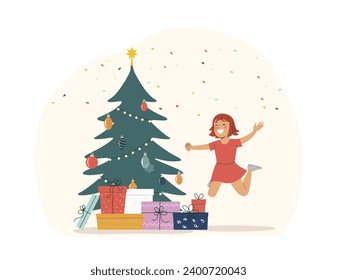 Happy girl jumping for joy near the christmas tree with gifts. Vector illustration.